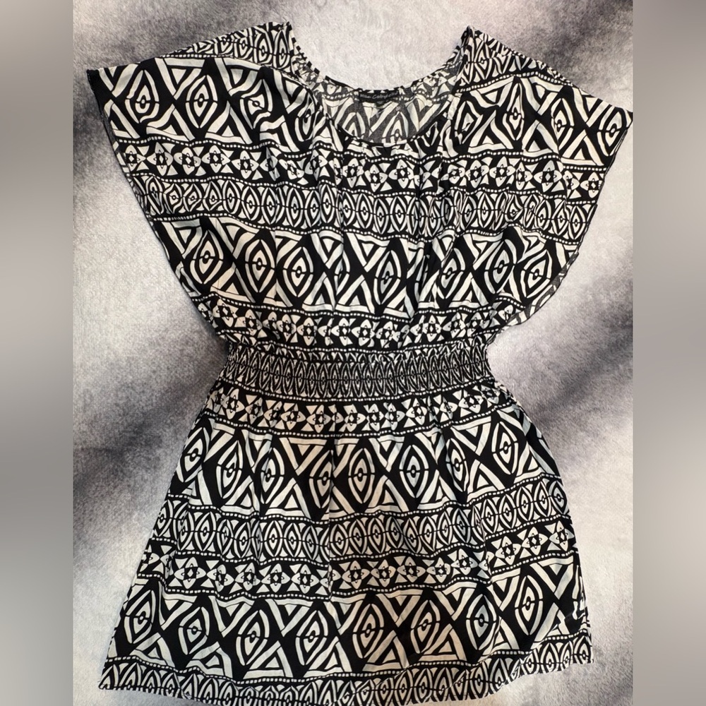 (B3) Mlle Gabrielle Black‎ White Tribal Print Boho Cinch Waist Tunic Dress 2X
